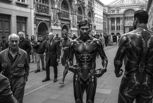 A futuristic art display on a busy historic street.