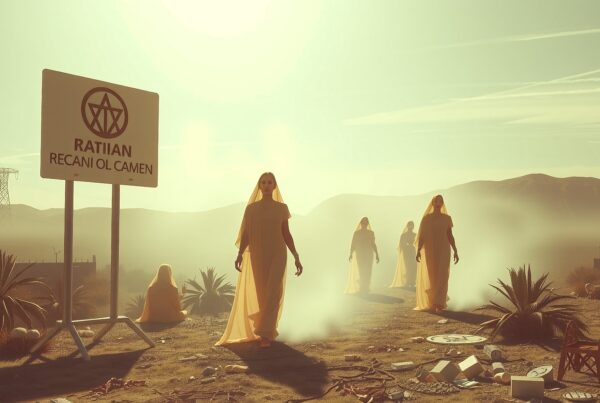 Robed figures in a mysterious desert landscape.