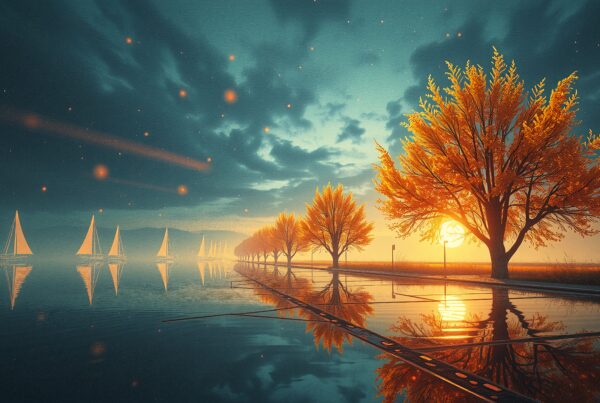 A picturesque scene of vibrant autumn trees reflecting in tranquil waters with sailboats and a glowing sunset.