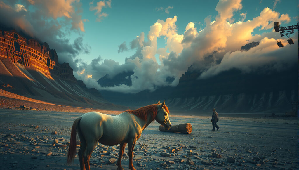 Vast Rocky Valley with Horse and Solitary Walker Under Dramatic