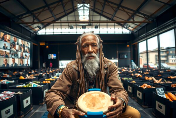 An elderly man with long dreadlocks holds a food container in a modern room filled with organized produce boxes and a large screen, suggesting a culinary event.