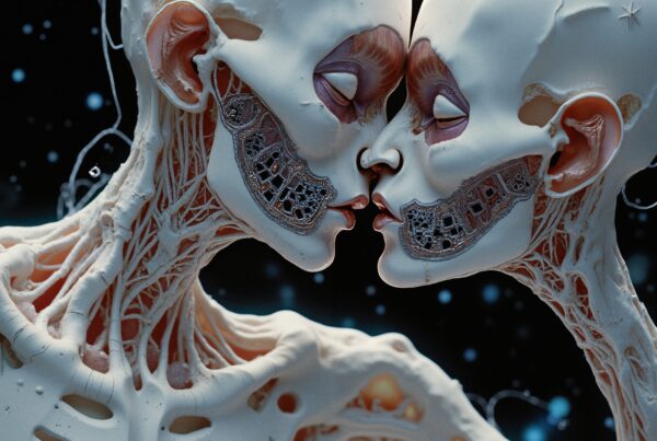 Surreal humanoid figures with exposed mechanical faces.