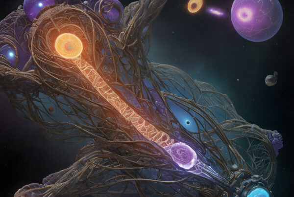 Alien bio-mechanical creature soaring through vibrant cosmic landscape filled with planets and neon energy cores