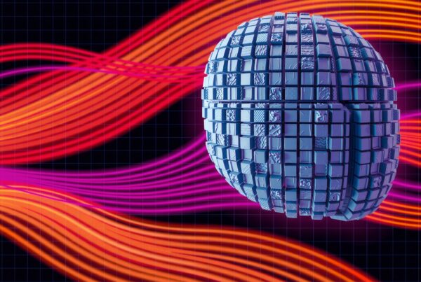 A 3D sphere of textured blocks floats against a vibrant backdrop of pink and orange flowing lines.