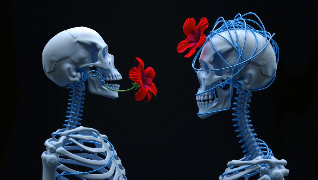 Two Skeletal Figures with Blue Wires and Red Flowers on Black Ba