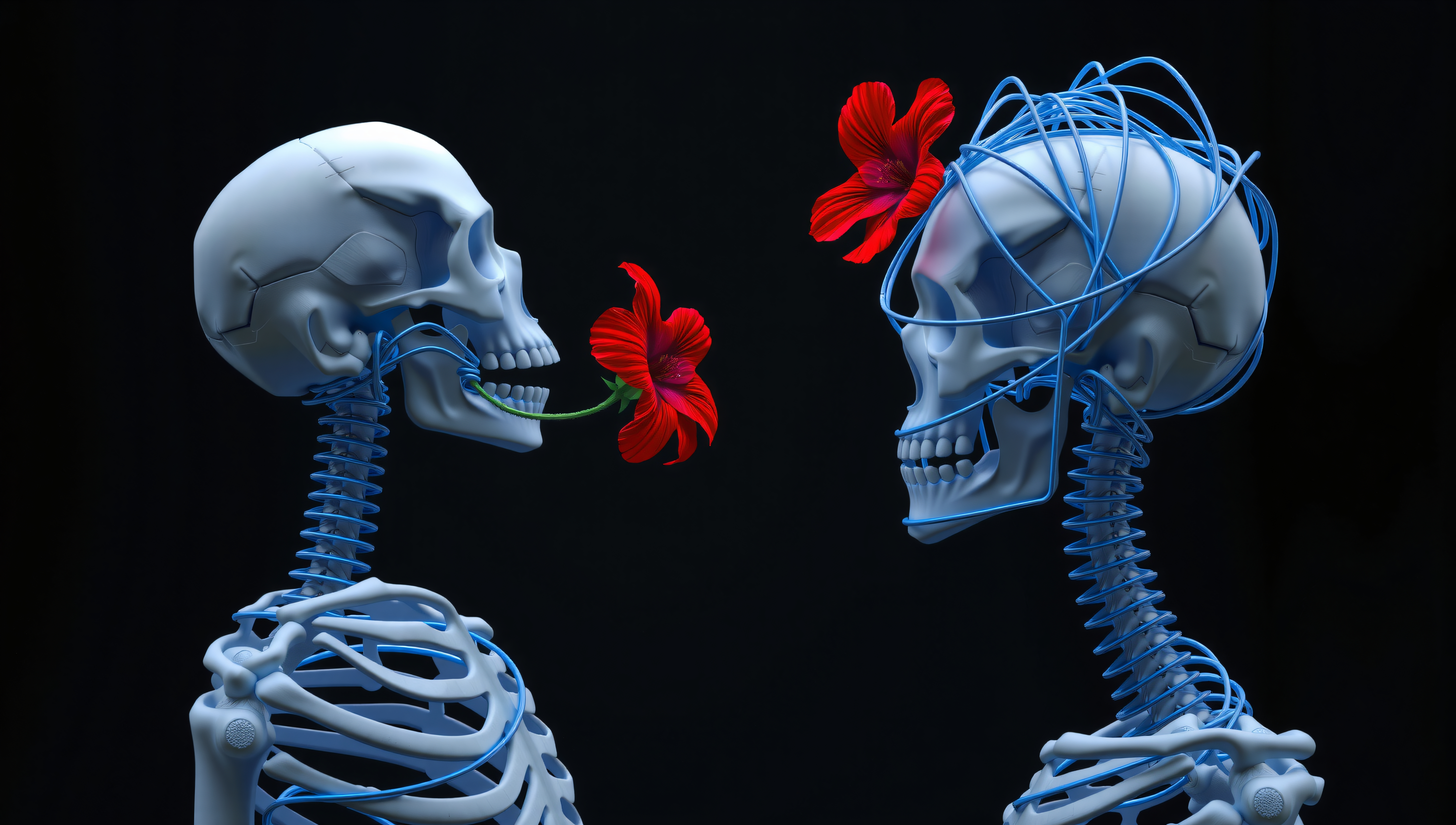 Two Skeletal Figures with Blue Wires and Red Flowers