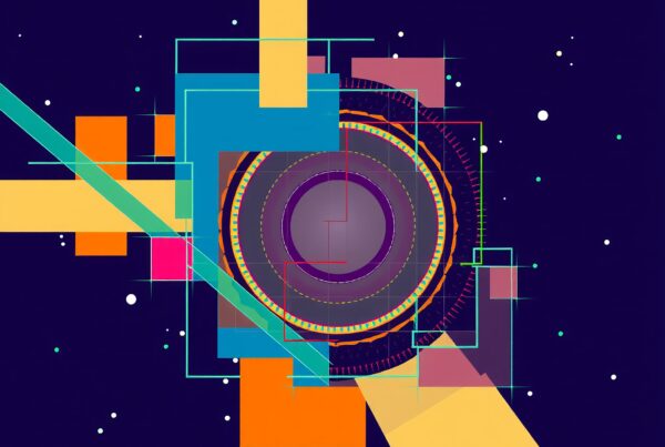 Abstract geometric design with concentric circles and vibrant overlapping shapes on a dark blue background.