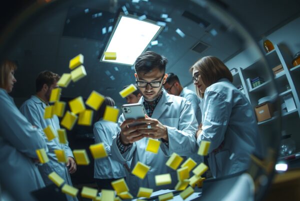 A group of scientists in a lab surrounded by yellow sticky notes, focusing on research.