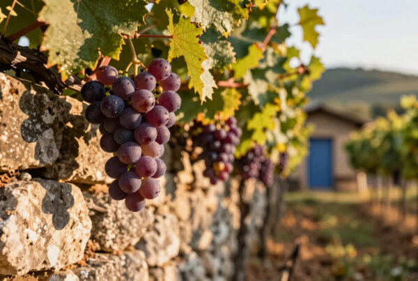 Purple grape clusters on vine near stone wall in vineyard landscape