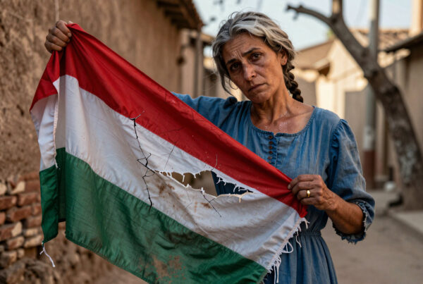 Elderly woman holding damaged Hungarian flag in rustic village alleyway