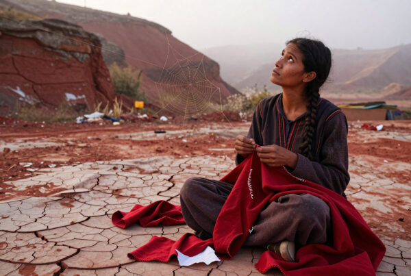 Woman sitting alone in dry desert holding red cloth under dusty skies near spiderweb