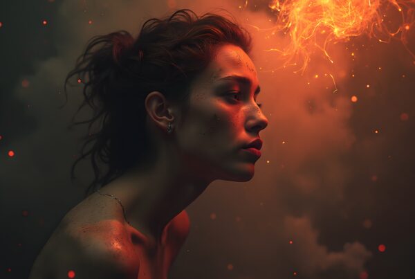 A woman’s profile illuminated by dramatic fiery orange light and swirling sparks creating a mystical atmosphere.