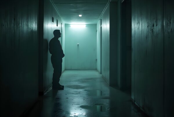Shadowy silhouette in dimly lit corridor hallway.