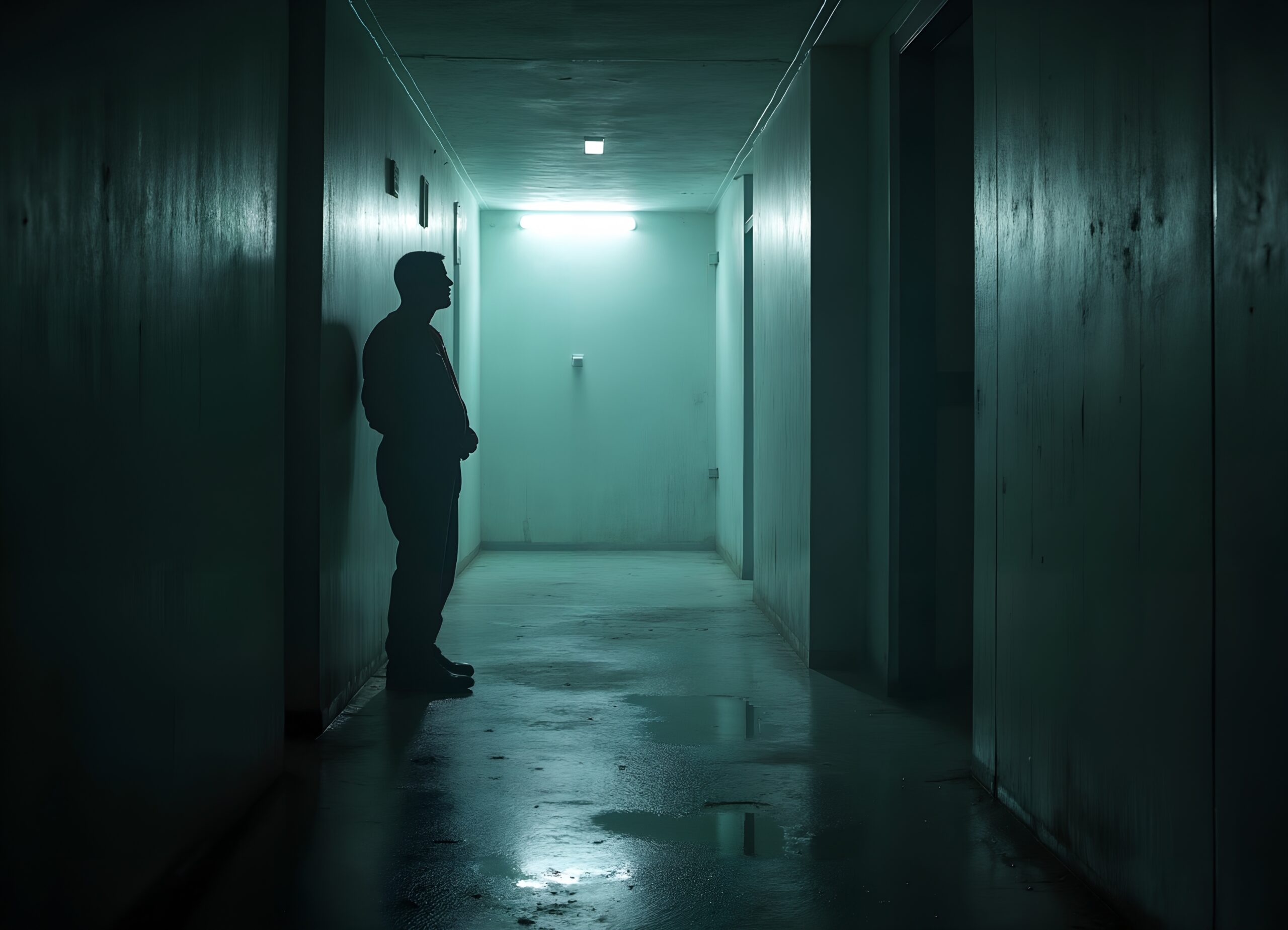 Silhouette in dimly lit corridor