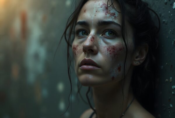 Close-up of a woman with intense gaze, marked skin, and dramatic lighting expressing resilience.