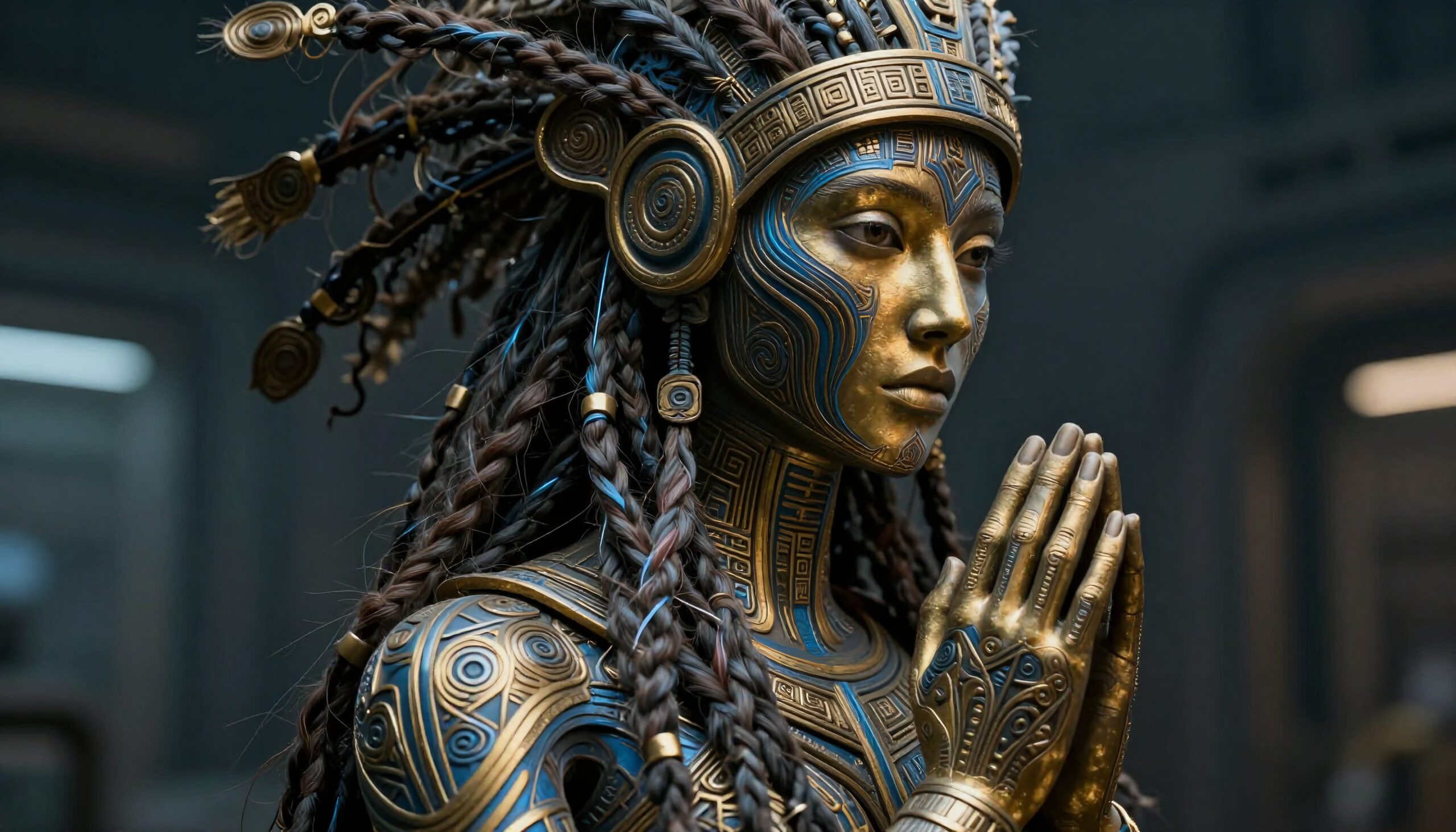 Futuristic Metallic Humanoid in Meditation