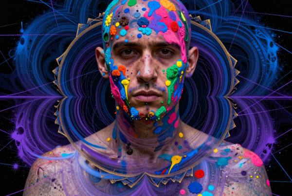 Artistically painted man surrounded by vibrant cosmic colors and radiant geometric designs