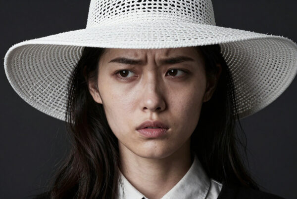 Woman wearing white straw hat expressing strong emotion in professional studio portrait