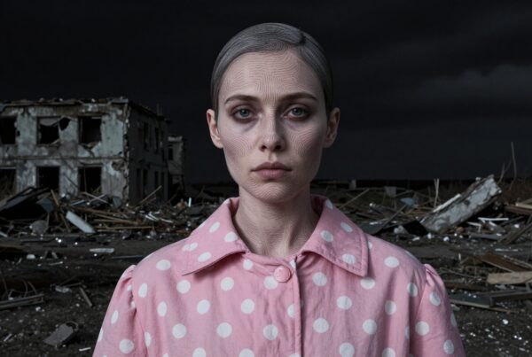 A woman in a pink polka dot coat stands in front of a ruined building under an overcast sky.