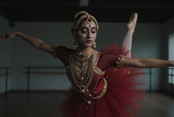 A dancer in a red tutu with gold jewelry and face art poses gracefully in a dance studio.