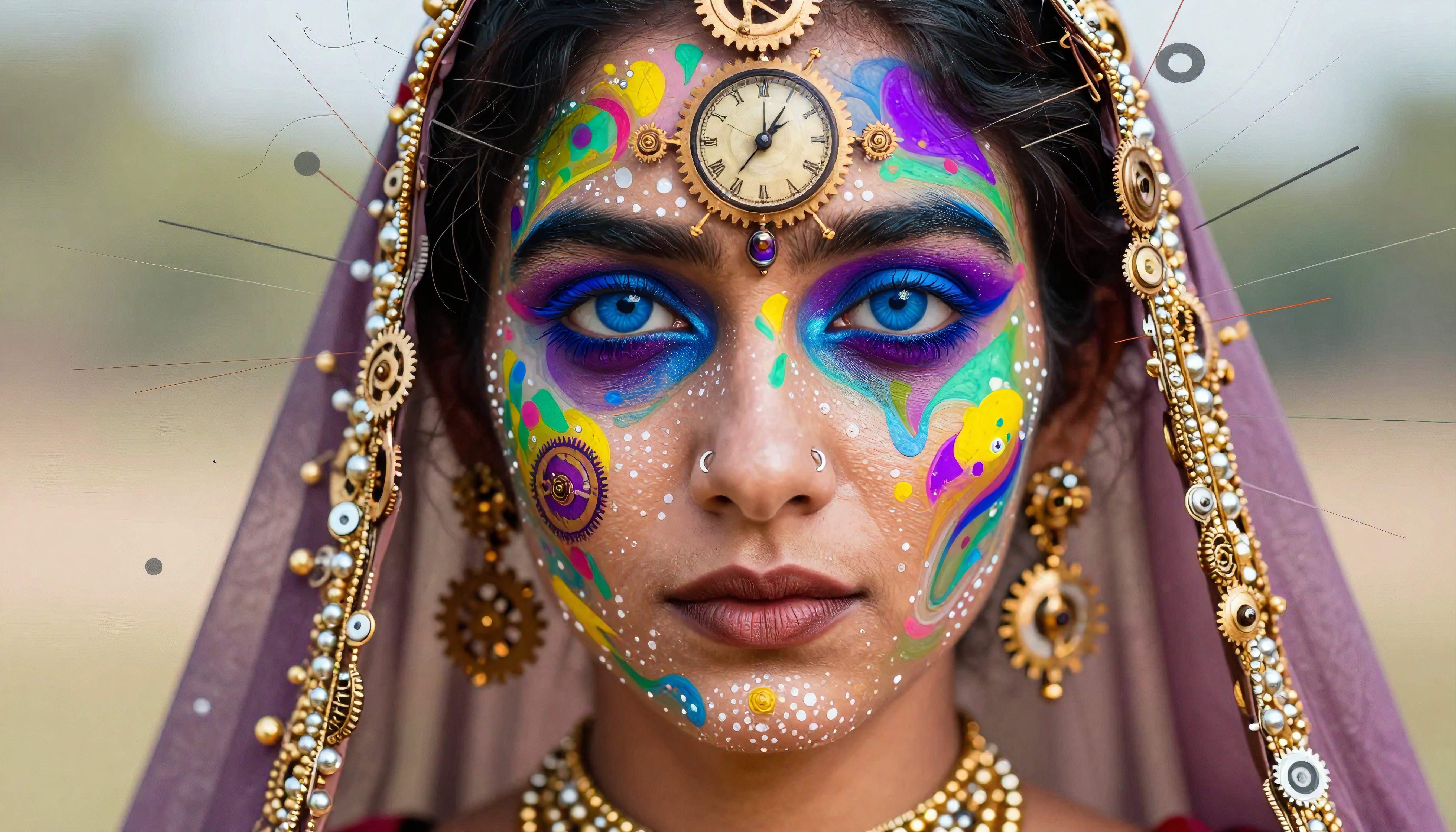 Vibrant Facial Art with Mechanical Elements