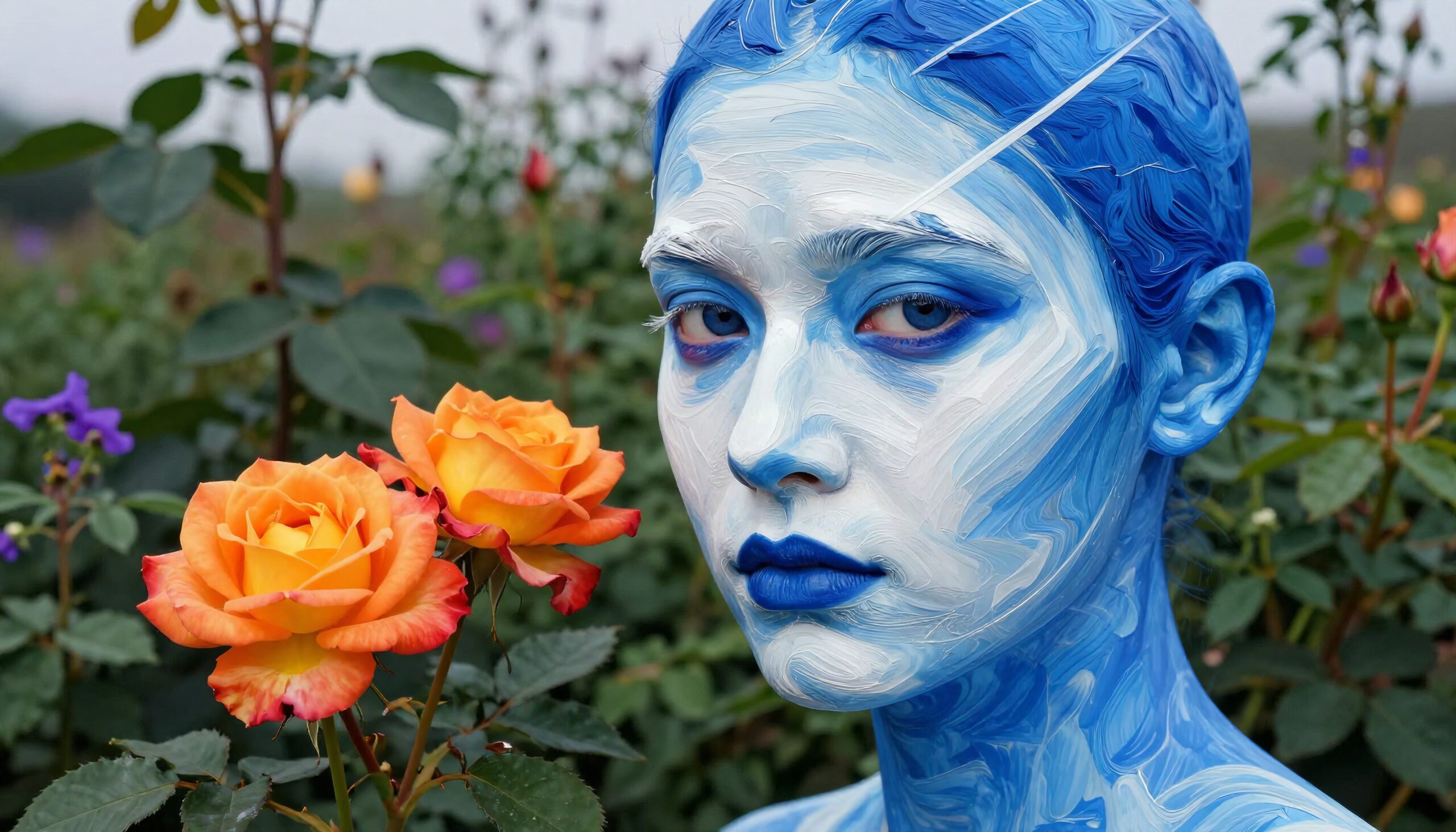 Blue Portrait with Orange Roses