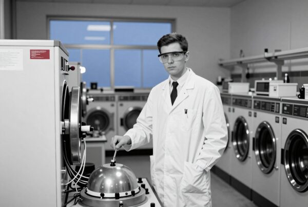 A scientist in a lab coat standing next to an industrial washing machine in a modern, well-lit laundry facility.