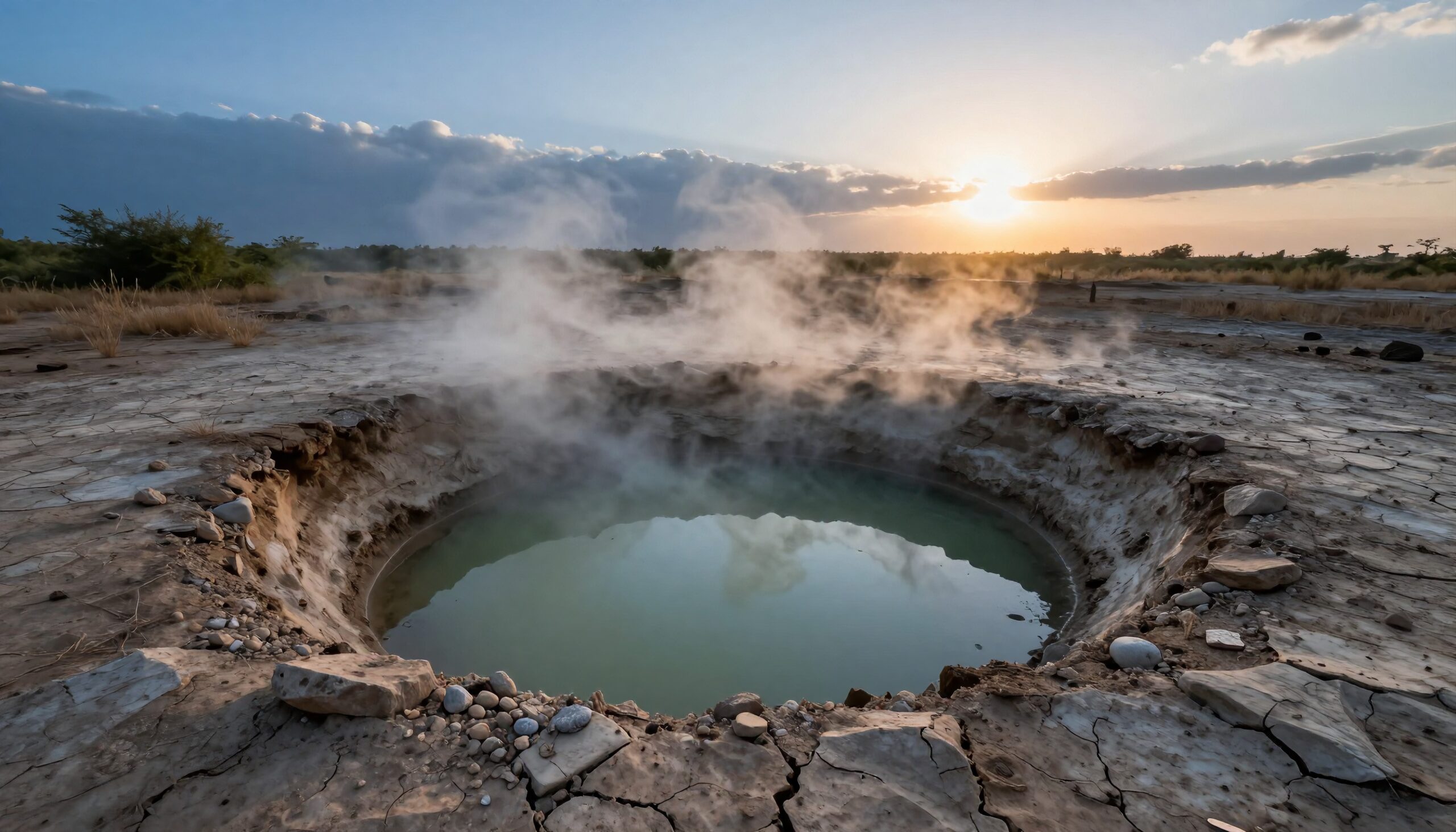 Geothermal Hot Spring at Sunset