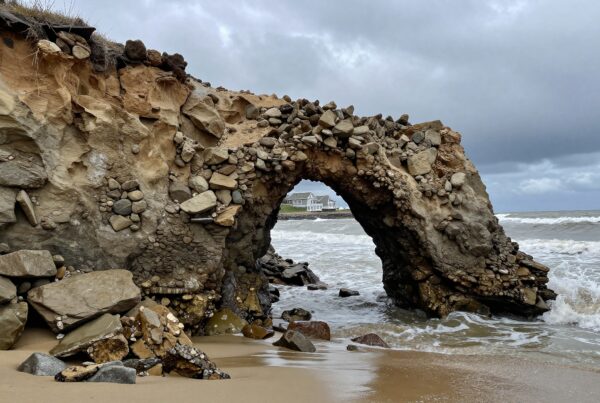 A rocky beach arch with distant house on a cloudy coastal day.