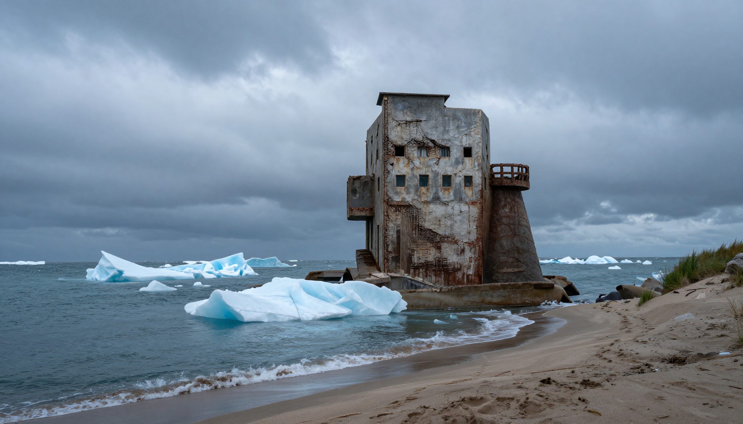 Abandoned Lighthouse and Icebergs