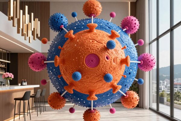 A colorful, stylized virus model floats in a modern bar with luxurious décor, featuring pendant lights and city views.