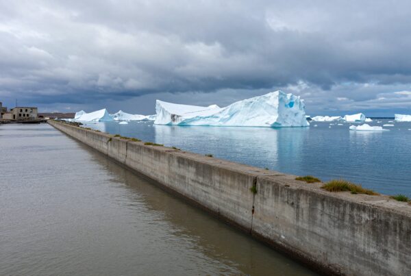 Icebergs float near a concrete pier under an overcast sky with abandoned buildings visible in the background.