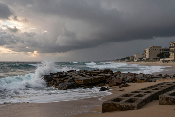 Stormy Sea and Beachscape with Rocky Breakwater and Coastal Buil