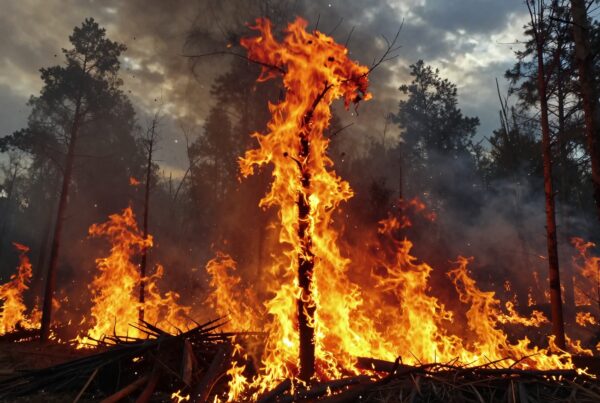 A towering wildfire consumes a tree, surrounded by dense smoke with a dark forest backdrop.