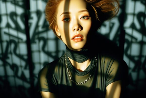 Fashion portrait of a woman with dramatic shadows and elegant style.