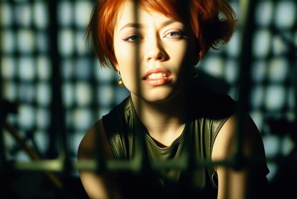 Portrait of a woman with vibrant red hair cast in dramatic shadows from a grid, creating an artful and contemplative expression.