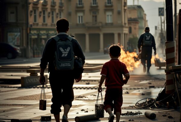 A parent and child walk beside street debris under dramatic evening light, as a distant firelight creates contrasting shadows in the city.