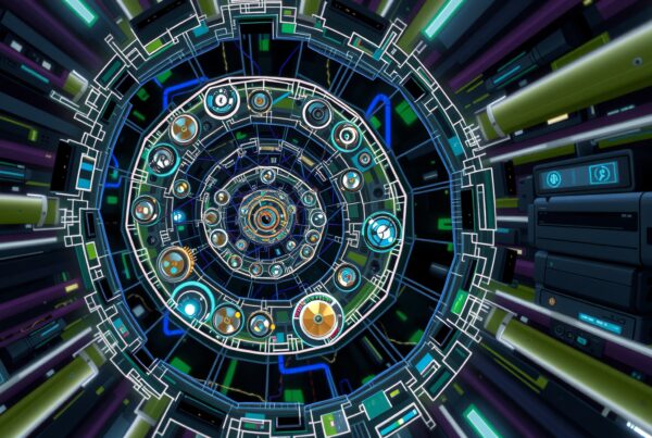 A futuristic sci-fi tunnel with glowing grids.