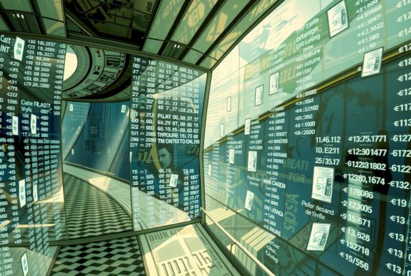 Futuristic scene of a digital corridor with illuminated data displays reflecting in curved panels, evoking a tech-centric atmosphere.
