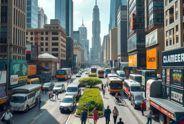 A busy city street with skyscrapers, traffic, pedestrians, and colorful billboards.