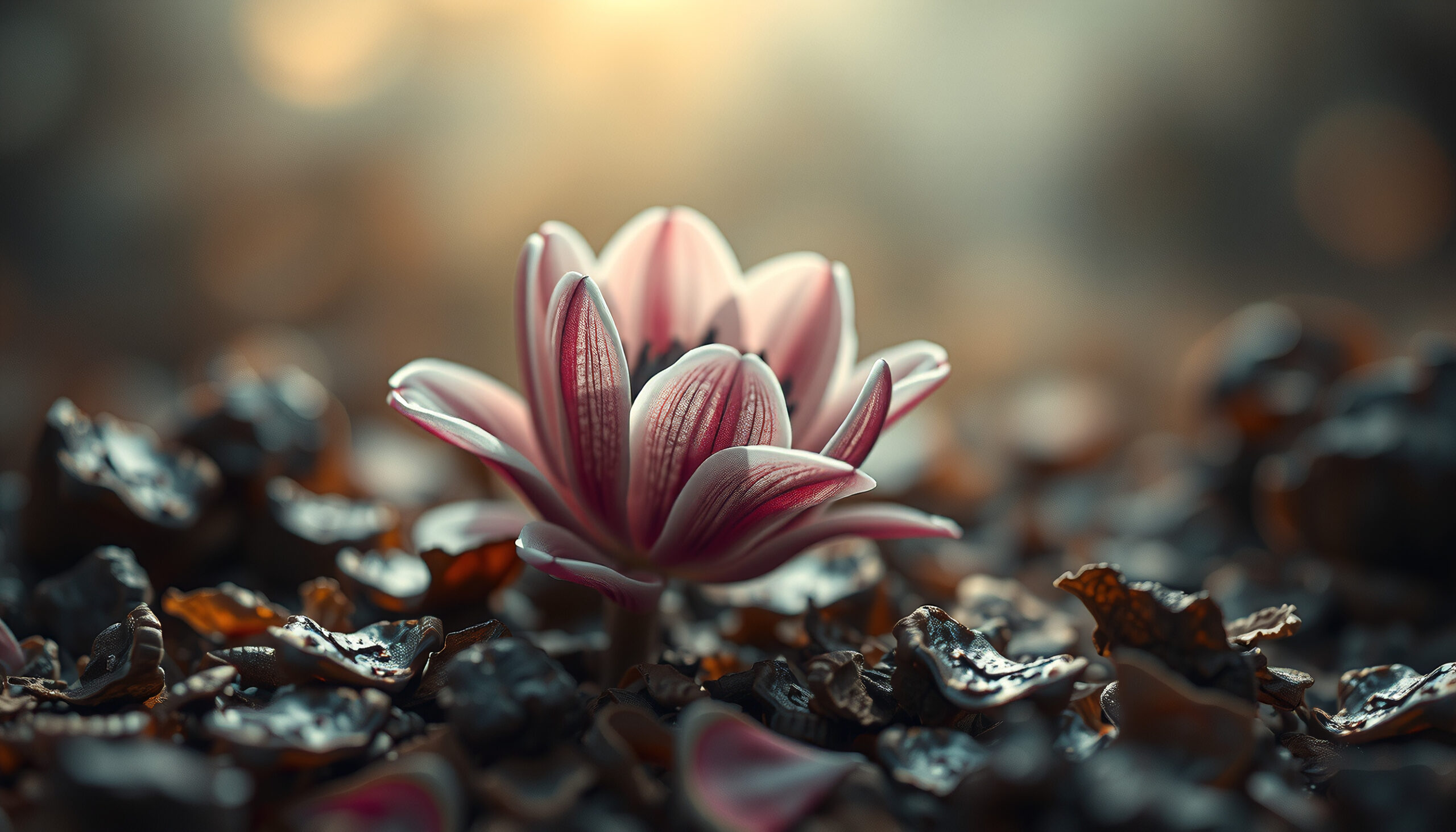 A delicate pink flower blooming in dark soil