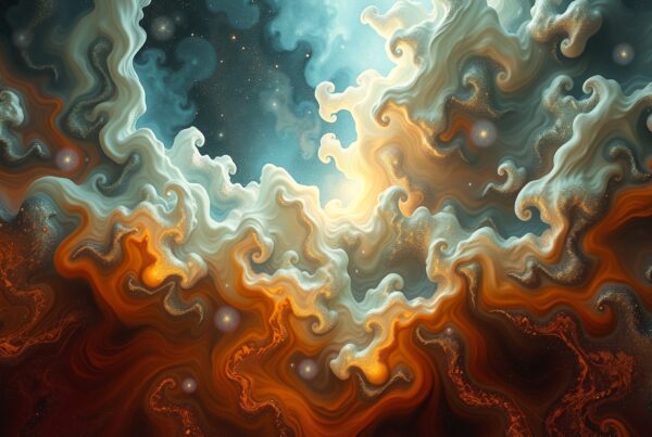 Abstract art depicting swirling interstellar clouds in vibrant colors.