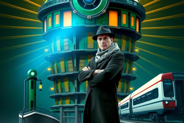 A man in a hat stands confidently before a futuristic tower with a train nearby, emanating vibrant energy.