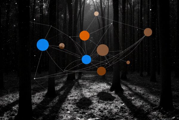 Abstract network of colorful spheres interconnect in a dark, shadowy forest, blending nature and technology in a mysterious visual.