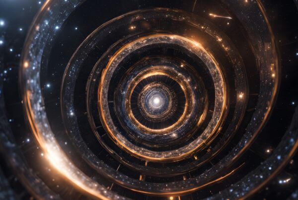 Futuristic tunnel with glowing rings in space.