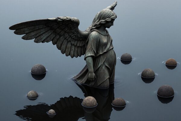 A serene angel statue stands in calm water, surrounded by spherical stones and creating peaceful reflections.