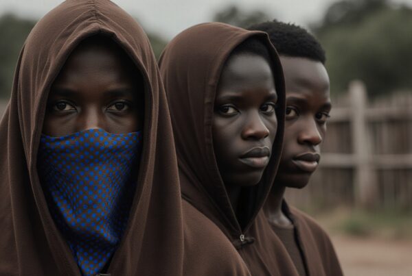Photograph of three people in brown hoods, one with a blue polka-dotted face covering, standing in front of a rustic wooden background.