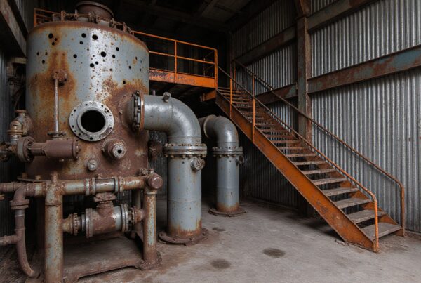 Image of a rusted boiler with pipes in a corrugated metal-walled industrial facility.