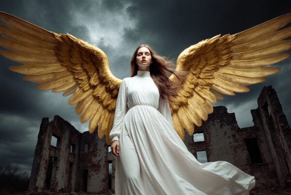 Ethereal woman with golden angel wings standing before dark, clouded ruins.