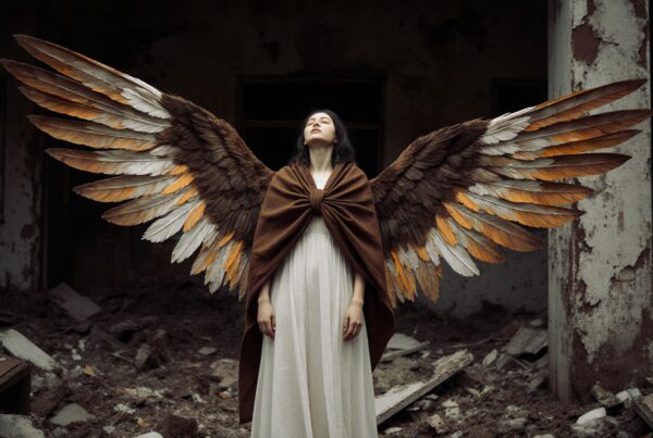 A serene woman with large wings stands in an abandoned building, creating a striking contrast between ethereal beauty and decay.